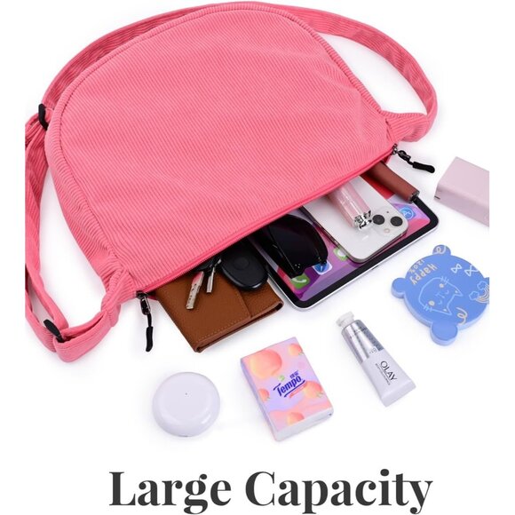 Women Corduroy Pink Imported Polyester Crossbody Lightweight Crescent Sling Bag - Picture 5 of 6